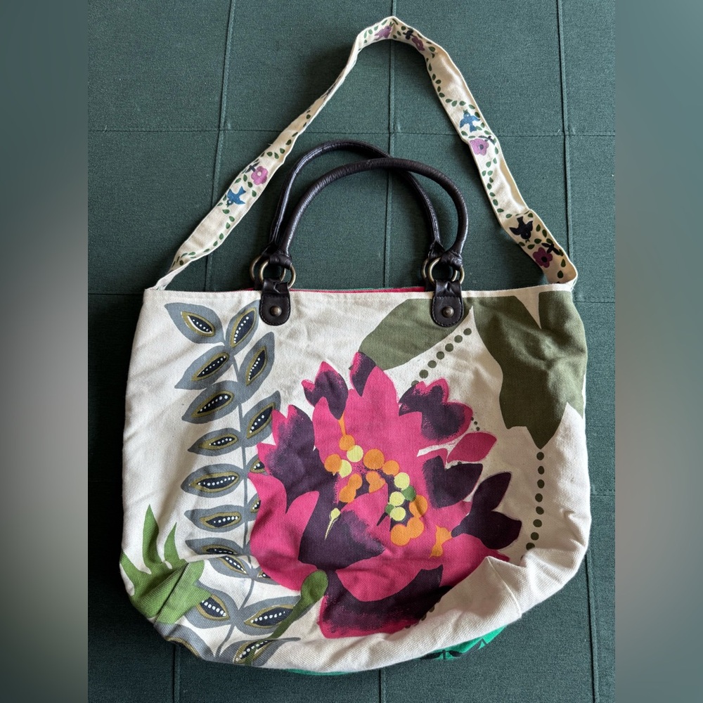 Anthropologie Floral Canvas Tote - Pink and Green